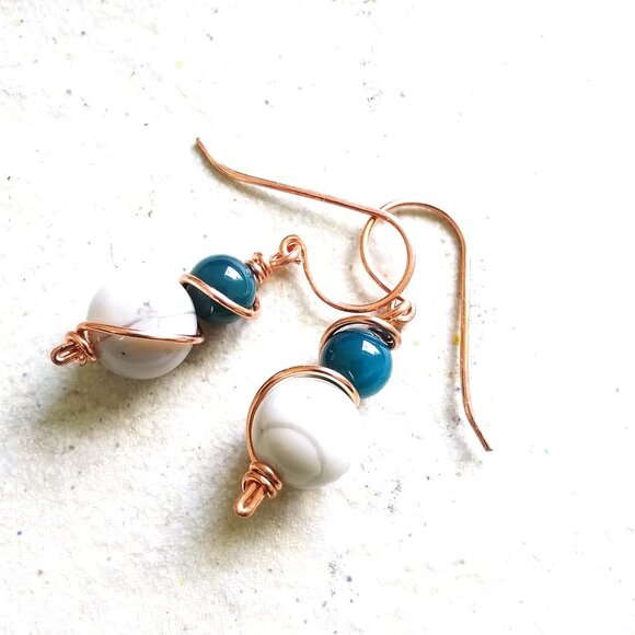 Petrol Blue - Teal Blue & Egg-Shell Cream Stone Beaded Earrings ~ Handmade 4 You - Picture 4 of 9